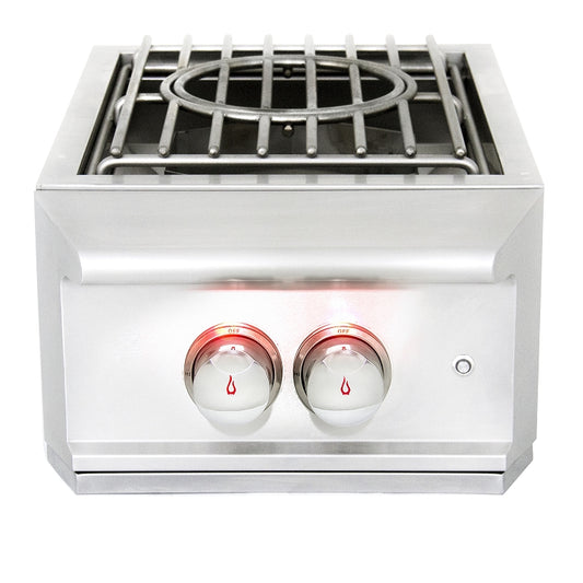 Blaze Professional natural gas power burner with the lid open, revealing commercial-grade burners for boiling, searing, and low-temperature control