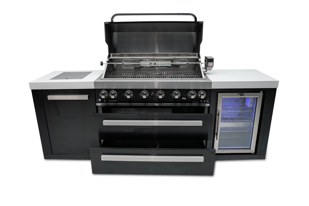 Mont Alpi 6 Burner Island with Fridge Black Stainless Steel