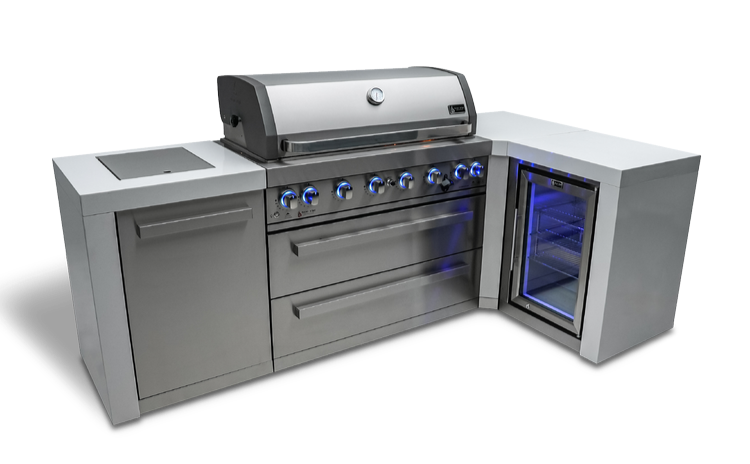 Mont Alpi 6 Burner Deluxe Island with Fridge 90-Degree Corner