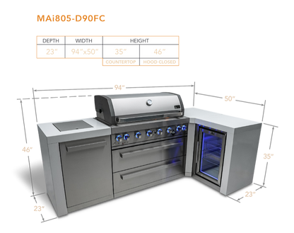 Mont Alpi 6 Burner Deluxe Island with Fridge 90-Degree Corner