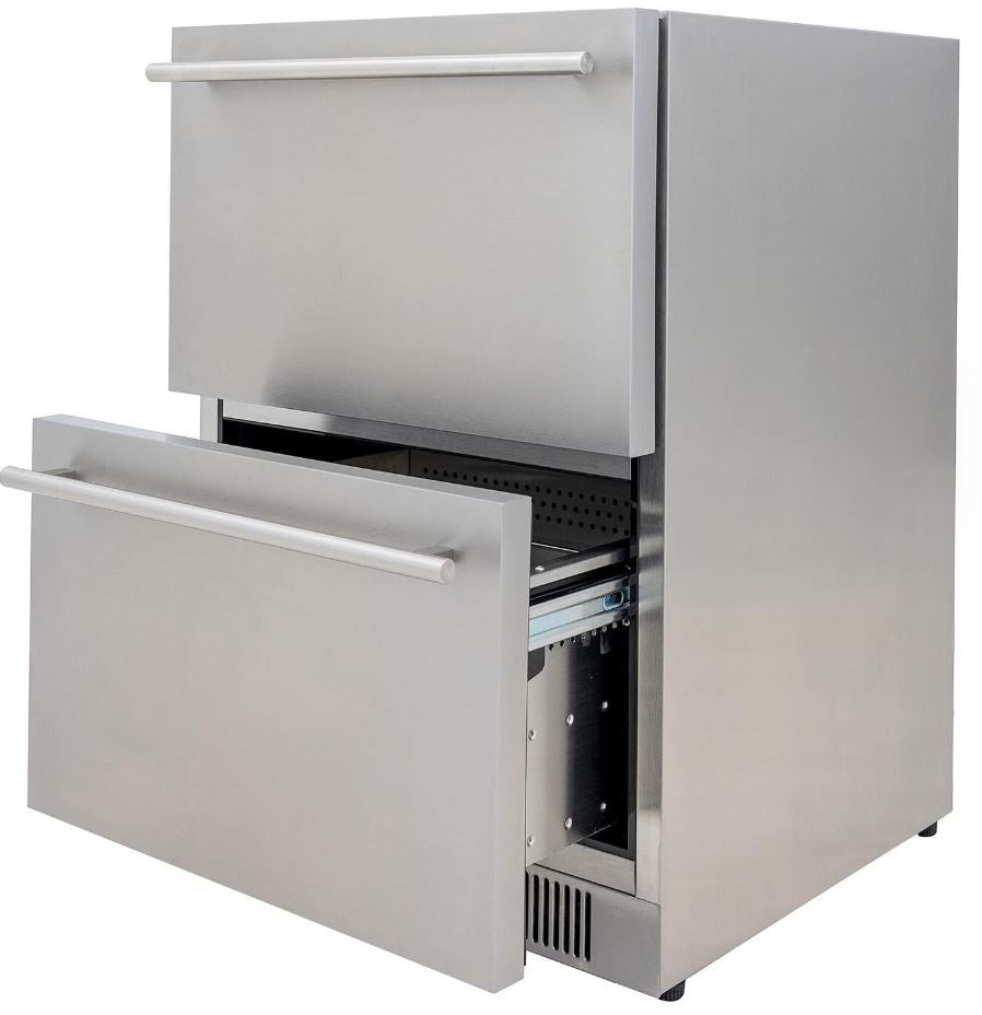 Side view of the Blaze double drawer 5.1 cu. ft. refrigerator, showcasing its sleek stainless steel design and weather-resistant durability for outdoor use